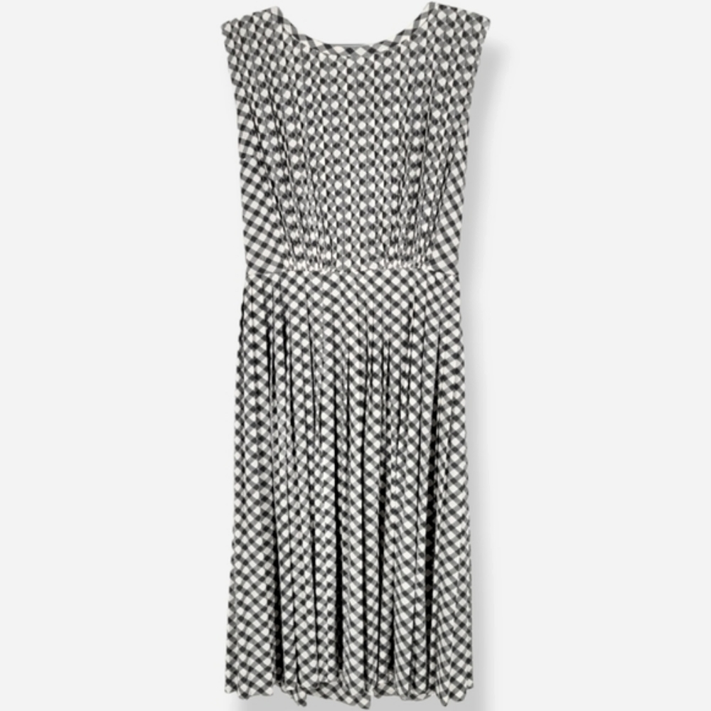RARE VINTAGE R&K ORIGINALS 1950s Plaid Pleated Midi Dress Black, White